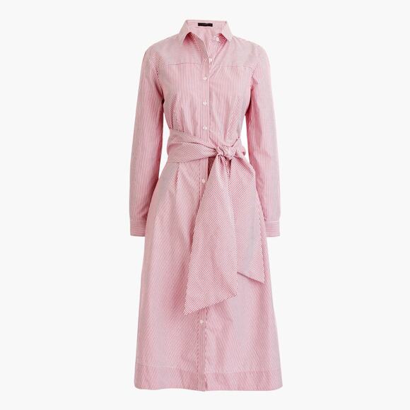 J.Crew Tie-Waist Shirt Dress Red White Stripe Collared Button Midi M/L